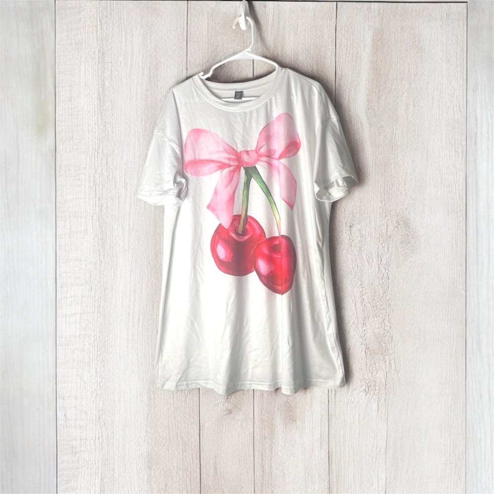 SHEIN White T-Shirt with Cherry and Pink Bow